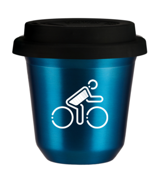 Tasse 80 ml BLEU MÉTALLIQUE "Cycliste aux couleurs britanniques (blanc)", avec couvercle noir Tasse 80 ml BLEU MÉTALLIQUE "Cycliste aux couleurs britanniques (blanc)", avec couvercle noir
