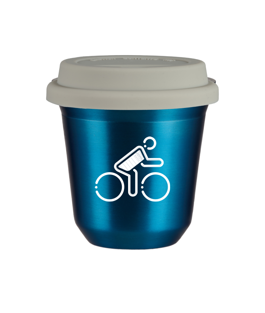 Tasse 80 ml BLEU MÉTALLIQUE "Cycliste aux couleurs britanniques (blanc)", avec couvercle blanc