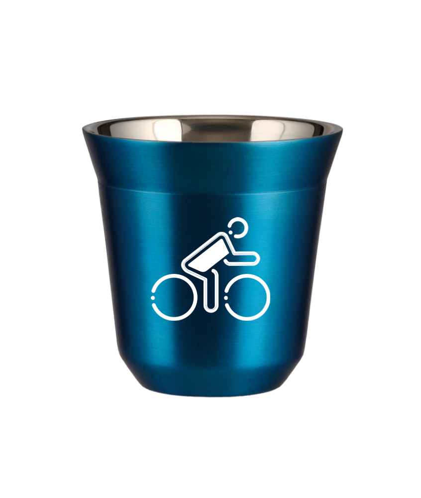 Tasse 80 ml BLEU MÉTALLIQUE "Cycliste aux couleurs polonaises (blanc)"