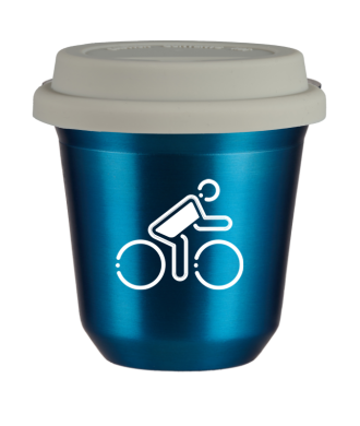 Tasse 80 ml BLEU MÉTALLIQUE "Cycliste aux couleurs polonaises (blanc)", avec couvercle blanc Tasse 80 ml BLEU MÉTALLIQUE "Cycliste aux couleurs polonaises (blanc)", avec couvercle blanc