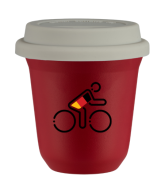 Tasse 80 ml ROUGE "Cycliste aux couleurs allemandes", avec couvercle blanc Tasse 80 ml ROUGE "Cycliste aux couleurs allemandes", avec couvercle blanc