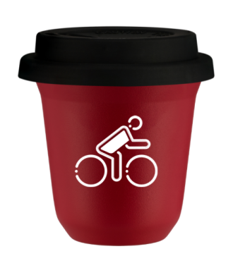Tasse 80 ml ROUGE "Cycliste aux couleurs polonaises (blanc)", avec couvercle noir Tasse 80 ml ROUGE "Cycliste aux couleurs polonaises (blanc)", avec couvercle noir