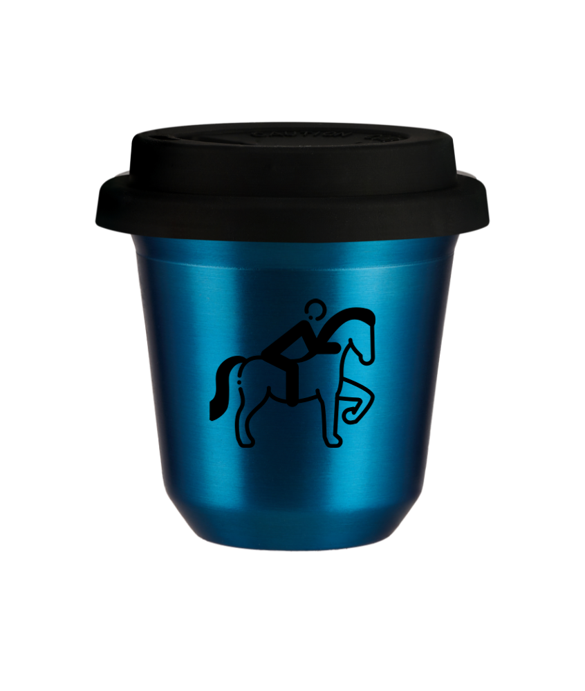 Tasse 80 ml BLEU MÉTALLIQUE "Équitation 2 (noir)", avec couvercle noir