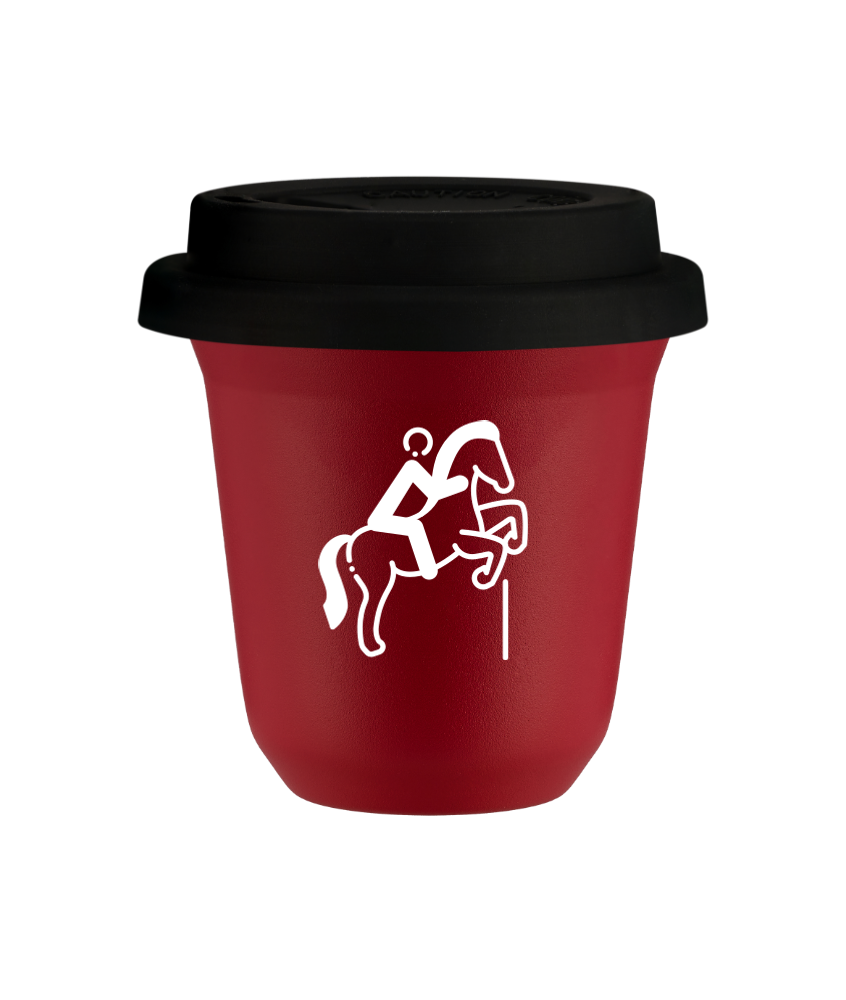 Tasse 80 ml ROUGE "Équitation 1 (blanc)", avec couvercle noir Tasse 80 ml ROUGE "Équitation 1 (blanc)", avec couvercle noir