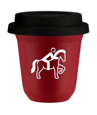Tasse 80 ml ROUGE "Équitation 2 (blanc)", avec couvercle noir Tasse 80 ml ROUGE "Équitation 2 (blanc)", avec couvercle noir