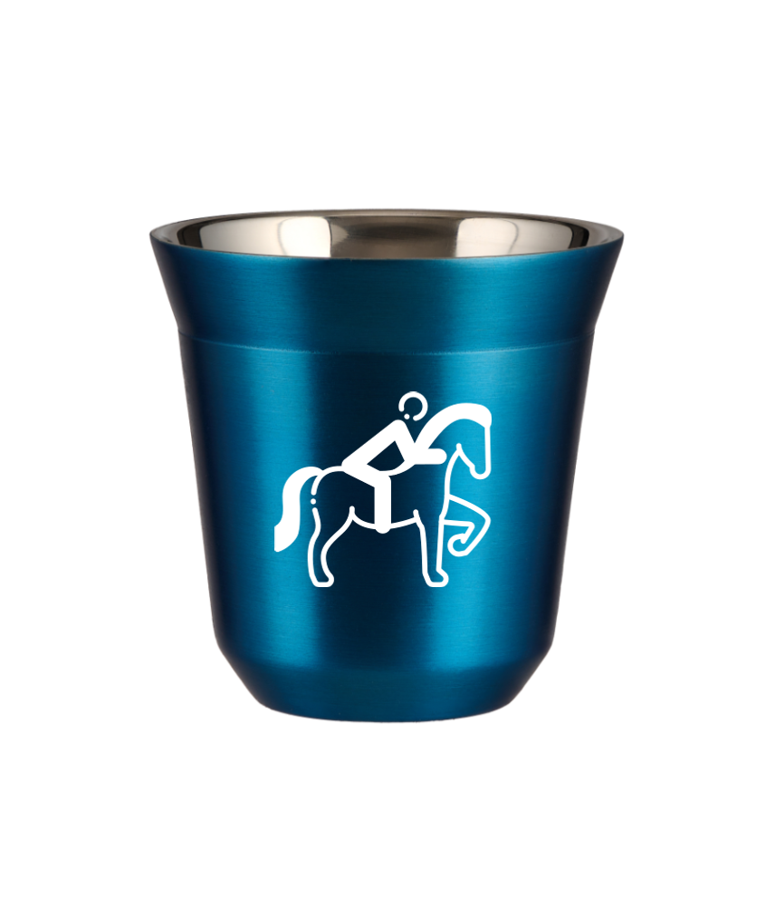 Tasse 80 ml BLEU MÉTALLIQUE "Équitation 2 (blanc)"