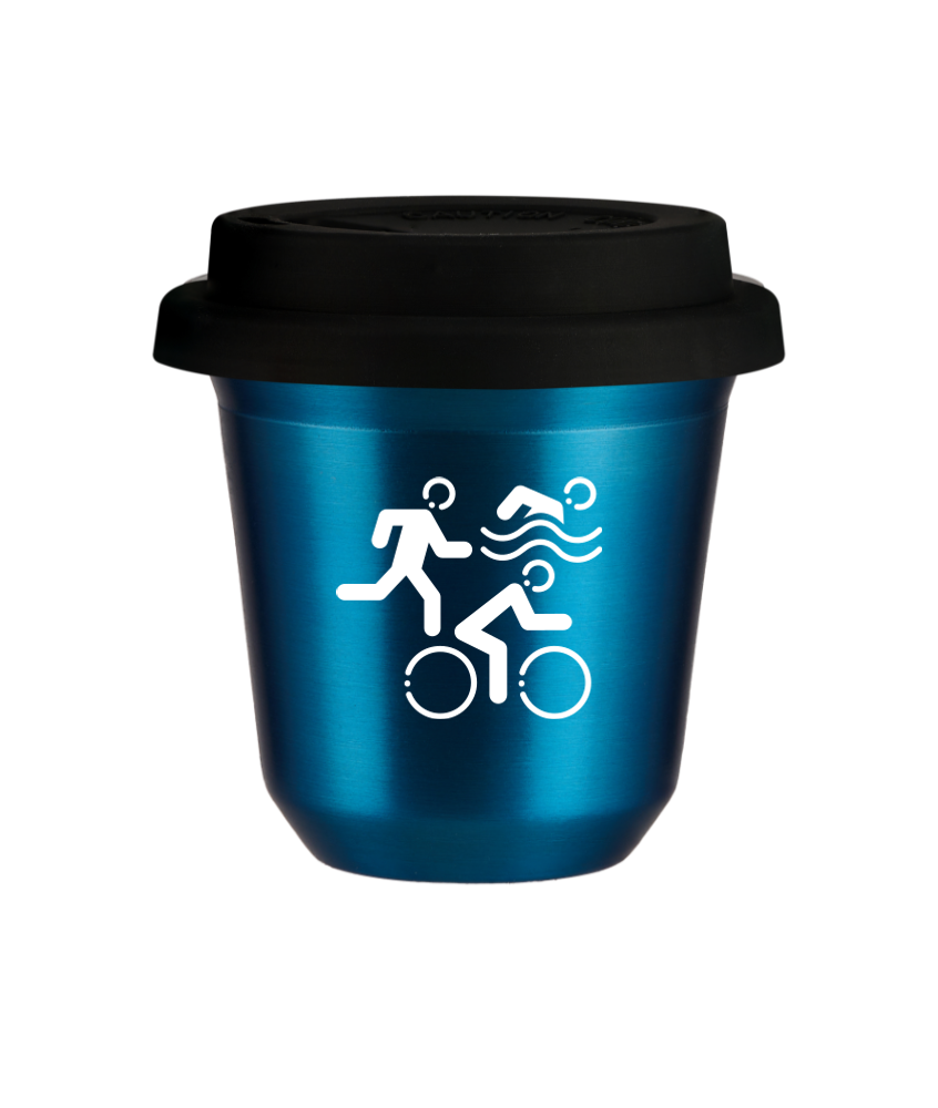 Tasse 80 ml BLEU MÉTALLIQUE "Sports (blanc)", avec couvercle noir