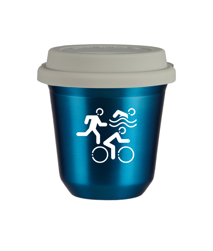 Tasse 80 ml BLEU MÉTALLIQUE "Sports (blanc)", avec couvercle blanc