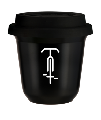 Tasse 80 ml NOIR "Cyclisme 1 (blanc)", avec couvercle noir Tasse 80 ml NOIR "Cyclisme 1 (blanc)", avec couvercle noir