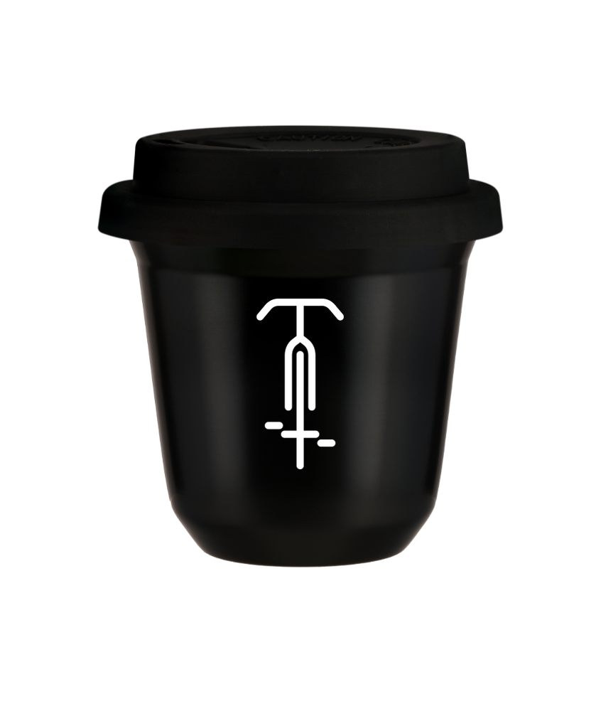 Tasse 80 ml NOIR "Cyclisme 1 (blanc)", avec couvercle noir