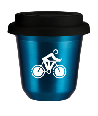 Tasse 80 ml BLEU MÉTALLIQUE "Cyclisme 2 (blanc)", avec couvercle noir Tasse 80 ml BLEU MÉTALLIQUE "Cyclisme 2 (blanc)", avec couvercle noir