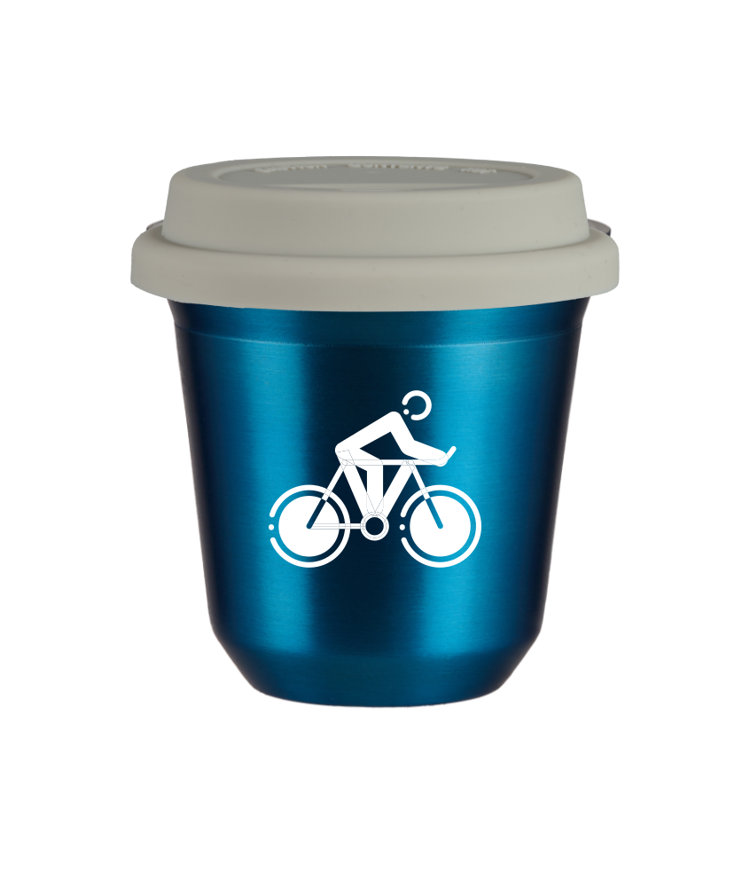 Tasse 80 ml BLEU MÉTALLIQUE "Cyclisme 2 (blanc)", avec couvercle blanc