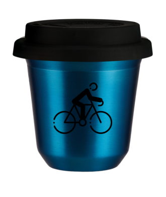 Tasse 80 ml BLEU MÉTALLIQUE "Cyclisme 3 (noir)", avec couvercle noir Tasse 80 ml BLEU MÉTALLIQUE "Cyclisme 3 (noir)", avec couvercle noir