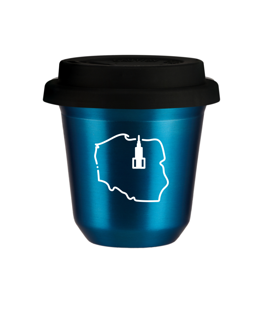 Tasse 80 ml BLEU MÉTALLIQUE "Pologne (blanc)", avec couvercle noir