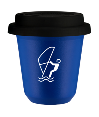 Tasse 80 ml BLEU "Sports nautiques (blanc)", avec couvercle noir Tasse 80 ml BLEU "Sports nautiques (blanc)", avec couvercle noir