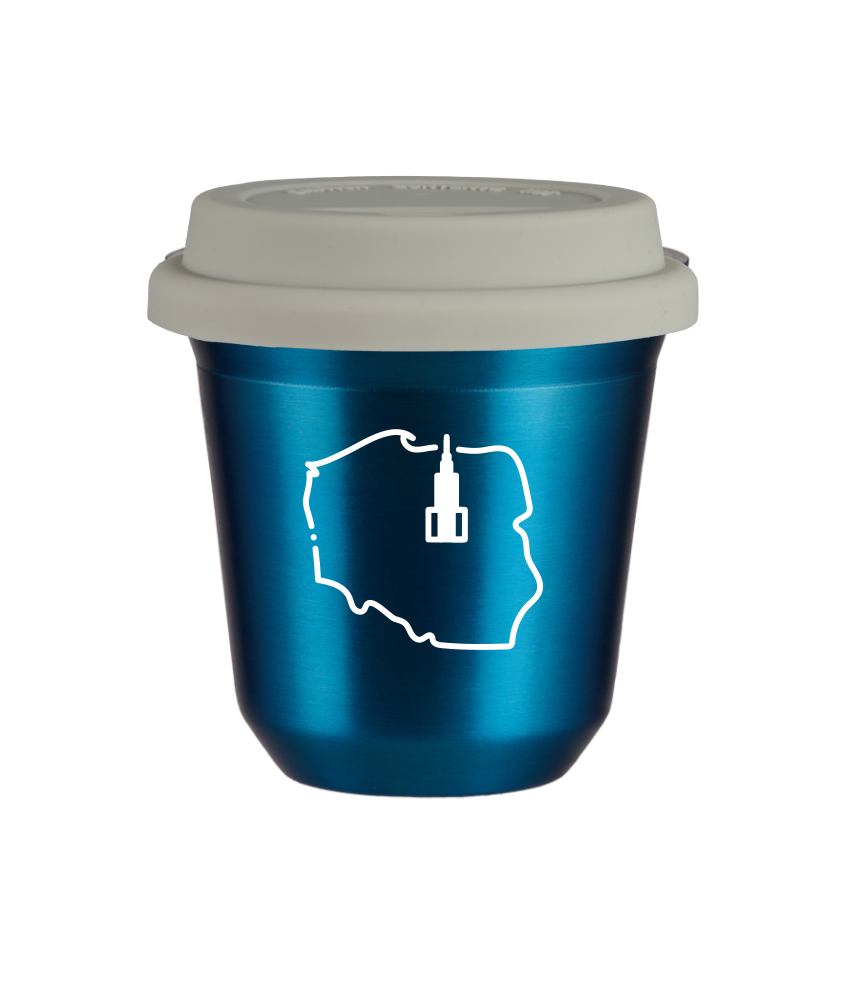 Tasse 80 ml BLEU MÉTALLIQUE "Pologne (blanc)", avec couvercle blanc