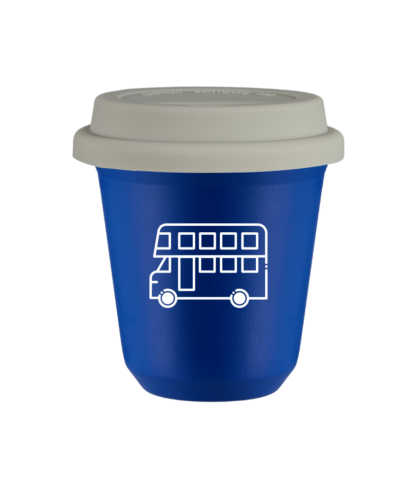 Tasse 80 ml BLEU "Bus (blanc)", avec couvercle blanc Tasse 80 ml BLEU "Bus (blanc)", avec couvercle blanc