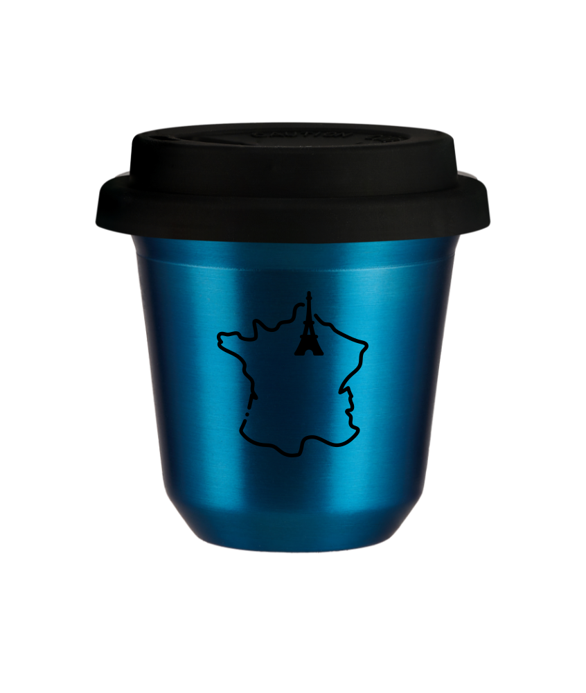 Tasse 80 ml BLEU MÉTALLIQUE "France (noir)", avec couvercle noir