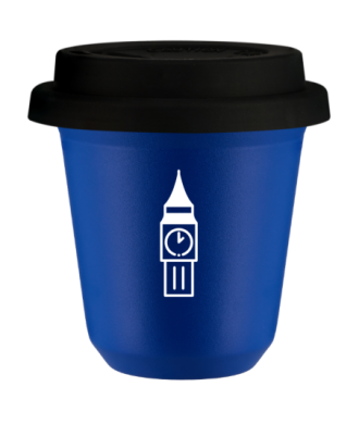 Tasse 80 ml BLEU "BIG BEN (blanc)", avec couvercle noir Tasse 80 ml BLEU "BIG BEN (blanc)", avec couvercle noir