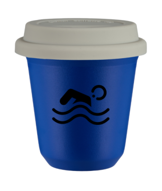 Tasse 80 ml BLEU "Natation (noir)", avec couvercle blanc Tasse 80 ml BLEU "Natation (noir)", avec couvercle blanc
