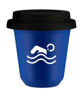 Tasse 80 ml BLEU "Natation (blanc)", avec couvercle noir Tasse 80 ml BLEU "Natation (blanc)", avec couvercle noir