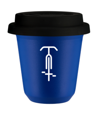 Tasse 80 ml BLEU "Cyclisme 1 (blanc)", avec couvercle noir Tasse 80 ml BLEU "Cyclisme 1 (blanc)", avec couvercle noir