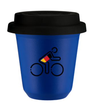 Tasse 80 ml BLEU "Cycliste aux couleurs allemandes (noir)", avec couvercle noir Tasse 80 ml BLEU "Cycliste aux couleurs allemandes (noir)", avec couvercle noir