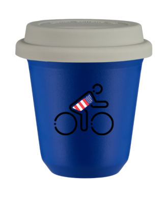 Tasse 80 ml BLEU "Cycliste aux couleurs britanniques (noir)", avec couvercle blanc Tasse 80 ml BLEU "Cycliste aux couleurs britanniques (noir)", avec couvercle blanc
