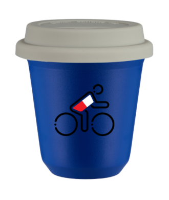 Tasse 80 ml BLEU "Cycliste aux couleurs polonaises", avec couvercle blanc Tasse 80 ml BLEU "Cycliste aux couleurs polonaises", avec couvercle blanc