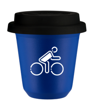 Tasse 80 ml BLEU "Cycliste aux couleurs polonaises (blanc)", avec couvercle noir Tasse 80 ml BLEU "Cycliste aux couleurs polonaises (blanc)", avec couvercle noir