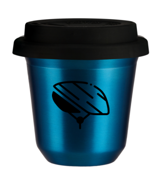Tasse 80 ml BLEU MÉTALLIQUE "Casque", avec couvercle noir Tasse 80 ml BLEU MÉTALLIQUE "Casque", avec couvercle noir