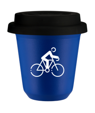 Tasse 80 ml BLEU "Cyclisme 3 (blanc)", avec couvercle noir Tasse 80 ml BLEU "Cyclisme 3 (blanc)", avec couvercle noir