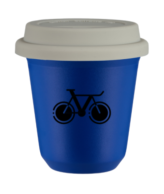 Tasse 80 ml BLEU "Vélo 1 (noir)", avec couvercle blanc Tasse 80 ml BLEU "Vélo 1 (noir)", avec couvercle blanc