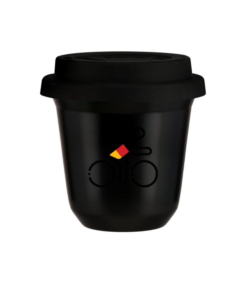 Tasse 80 ml NOIR "Cycliste aux couleurs allemandes (noir)", avec couvercle noir