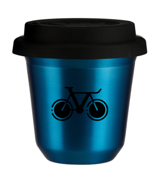 Tasse 80 ml BLEU MÉTALLIQUE "Vélo 1 (noir)", avec couvercle noir Tasse 80 ml BLEU MÉTALLIQUE "Vélo 1 (noir)", avec couvercle noir