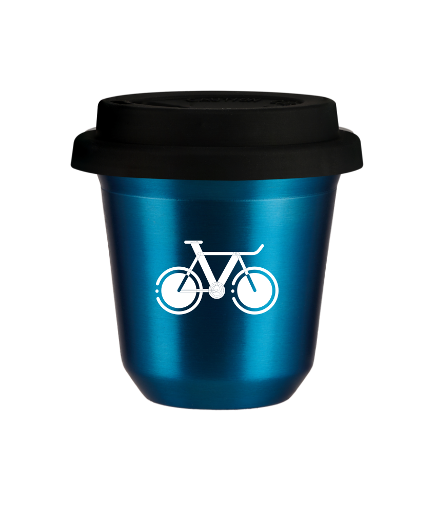 Tasse 80 ml BLEU MÉTALLIQUE "Vélo 1 (blanc)", avec couvercle noir