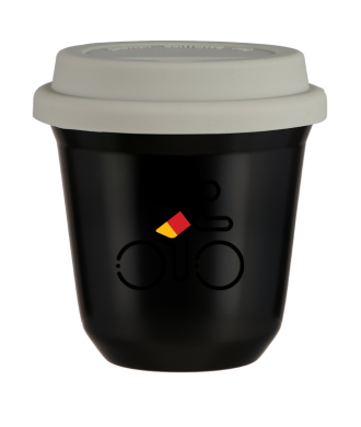 Tasse 80 ml NOIR "Cycliste aux couleurs allemandes (noir)", avec couvercle blanc Tasse 80 ml NOIR "Cycliste aux couleurs allemandes (noir)", avec couvercle blanc