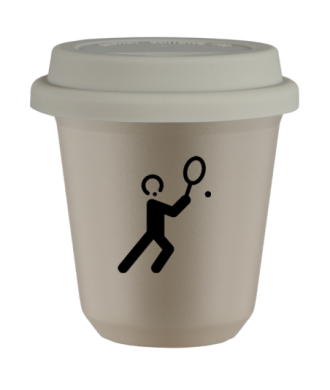 Tasse 80 ml BEIGE "Tennis 1", avec couvercle blanc Tasse 80 ml BEIGE "Tennis 1", avec couvercle blanc