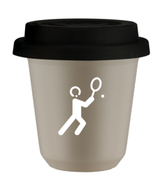 Tasse 80 ml BEIGE "Tennis 1 (blanc)", avec couvercle noir Tasse 80 ml BEIGE "Tennis 1 (blanc)", avec couvercle noir