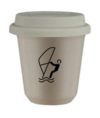 Tasse 80 ml BEIGE "Sports nautiques (noir)", avec couvercle blanc Tasse 80 ml BEIGE "Sports nautiques (noir)", avec couvercle blanc