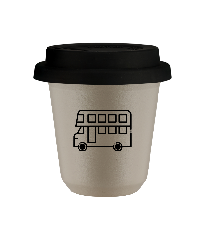 Tasse 80 ml BEIGE "Bus", avec couvercle noir Tasse 80 ml BEIGE "Bus", avec couvercle noir