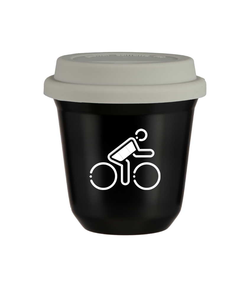 Tasse 80 ml NOIR "Cycliste aux couleurs allemandes (blanc)", avec couvercle blanc