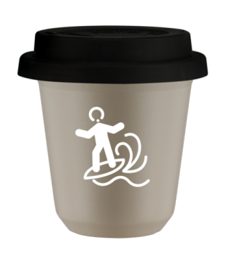 Tasse 80 ml BEIGE "Planche à voile (blanc)", avec couvercle noir Tasse 80 ml BEIGE "Planche à voile (blanc)", avec couvercle noir