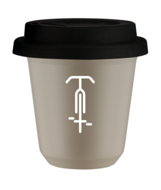 Tasse 80 ml BEIGE "Cyclisme 1 (blanc)", avec couvercle noir Tasse 80 ml BEIGE "Cyclisme 1 (blanc)", avec couvercle noir