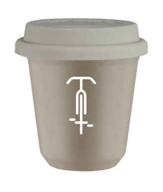 Tasse 80 ml BEIGE "Cyclisme 1 (blanc)", avec couvercle blanc Tasse 80 ml BEIGE "Cyclisme 1 (blanc)", avec couvercle blanc