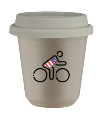 Tasse 80 ml BEIGE "Cycliste aux couleurs britanniques", avec couvercle blanc Tasse 80 ml BEIGE "Cycliste aux couleurs britanniques", avec couvercle blanc