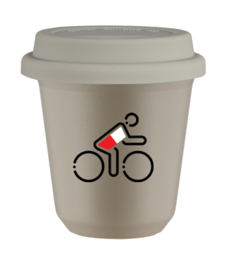 Tasse 80 ml BEIGE "Cycliste aux couleurs polonaises", avec couvercle blanc Tasse 80 ml BEIGE "Cycliste aux couleurs polonaises", avec couvercle blanc