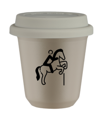 Tasse 80 ml BEIGE "Équitation 1 (noir)", avec couvercle blanc Tasse 80 ml BEIGE "Équitation 1 (noir)", avec couvercle blanc
