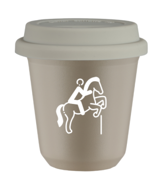 Tasse 80 ml BEIGE "Équitation 1 (blanc)", avec couvercle blanc Tasse 80 ml BEIGE "Équitation 1 (blanc)", avec couvercle blanc