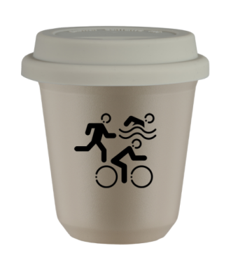 Tasse 80 ml BEIGE "Sports (noir)", avec couvercle blanc Tasse 80 ml BEIGE "Sports (noir)", avec couvercle blanc